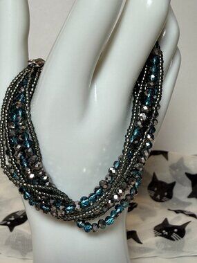 Multi Strand Beaded Jeweled Bracelet Magnetic Clasp Blue Silver Boho Sparkle